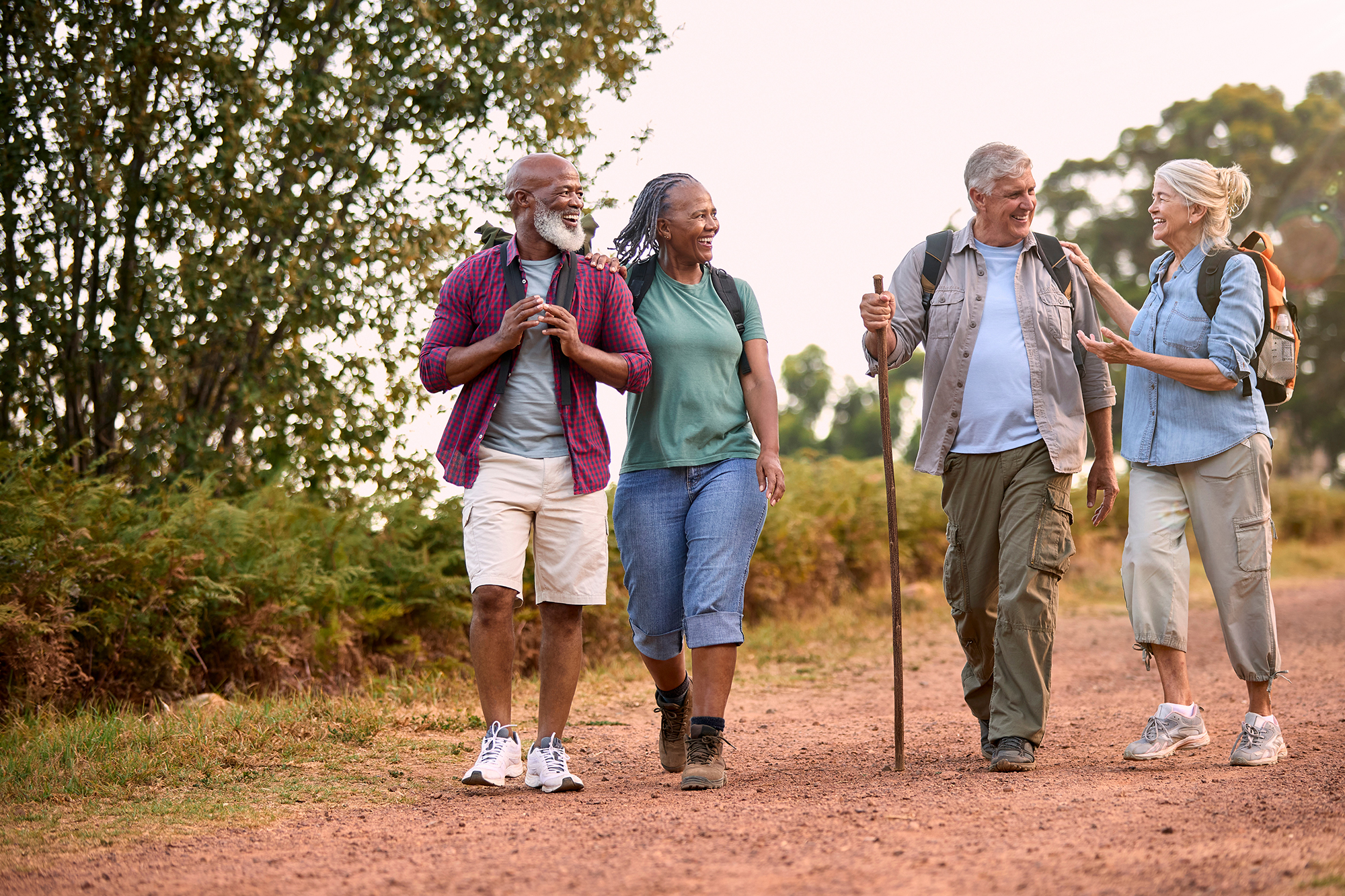 Four older friends hiking together along a sunlit dirt trail