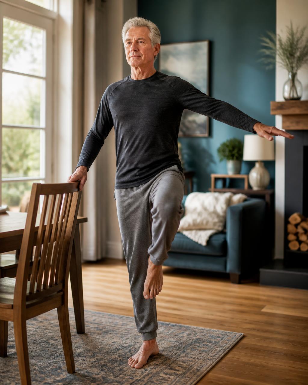 An older man practicing a seated balance and leg-extension exercise beside a chair
